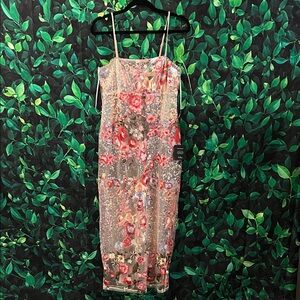 Lulu's Floral Sequin Midi Slip Dress in Pink and Cream